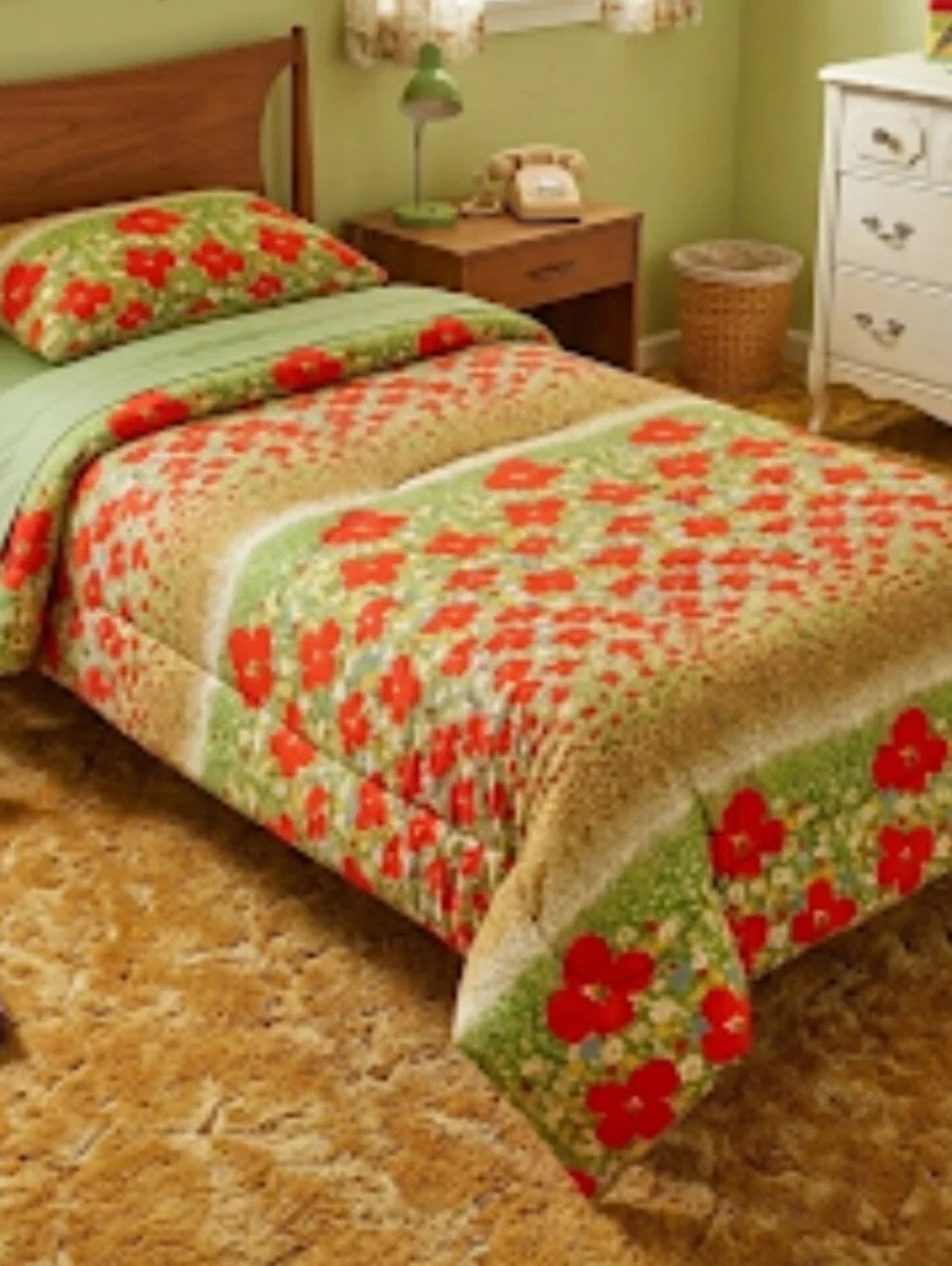 Vintage 70s Burlington Domestics Floral Red Poppy Print Comforter